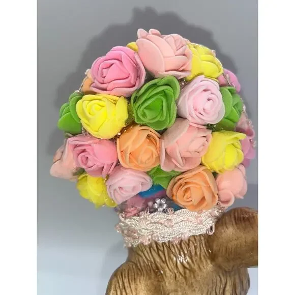 Vintage Ceramic Pretty Bunny Spring Bunny Floral Flower Hat Deb O. Original OOAK - Picture 12 of 16